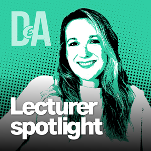 Pop art style of photo with woman smiling. Text says 'Lecturer spotlight'